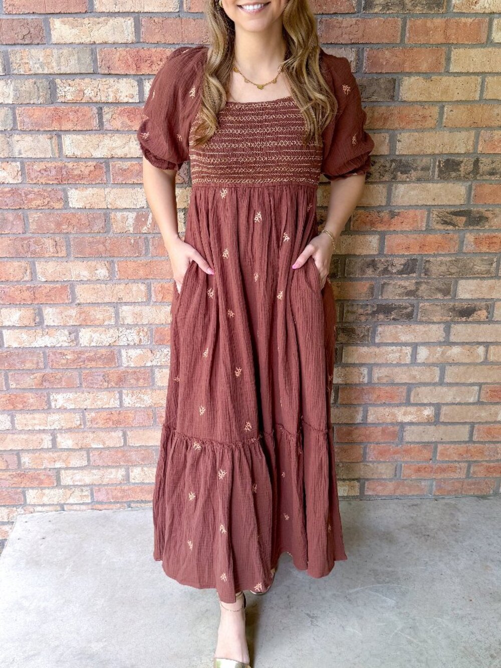 Embroidered Cotton Gauze Smocked Dress, Coconut